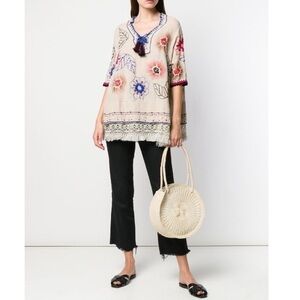 ANJUNA Azzurra Embroidered Linen blend Tunic Tassel Top